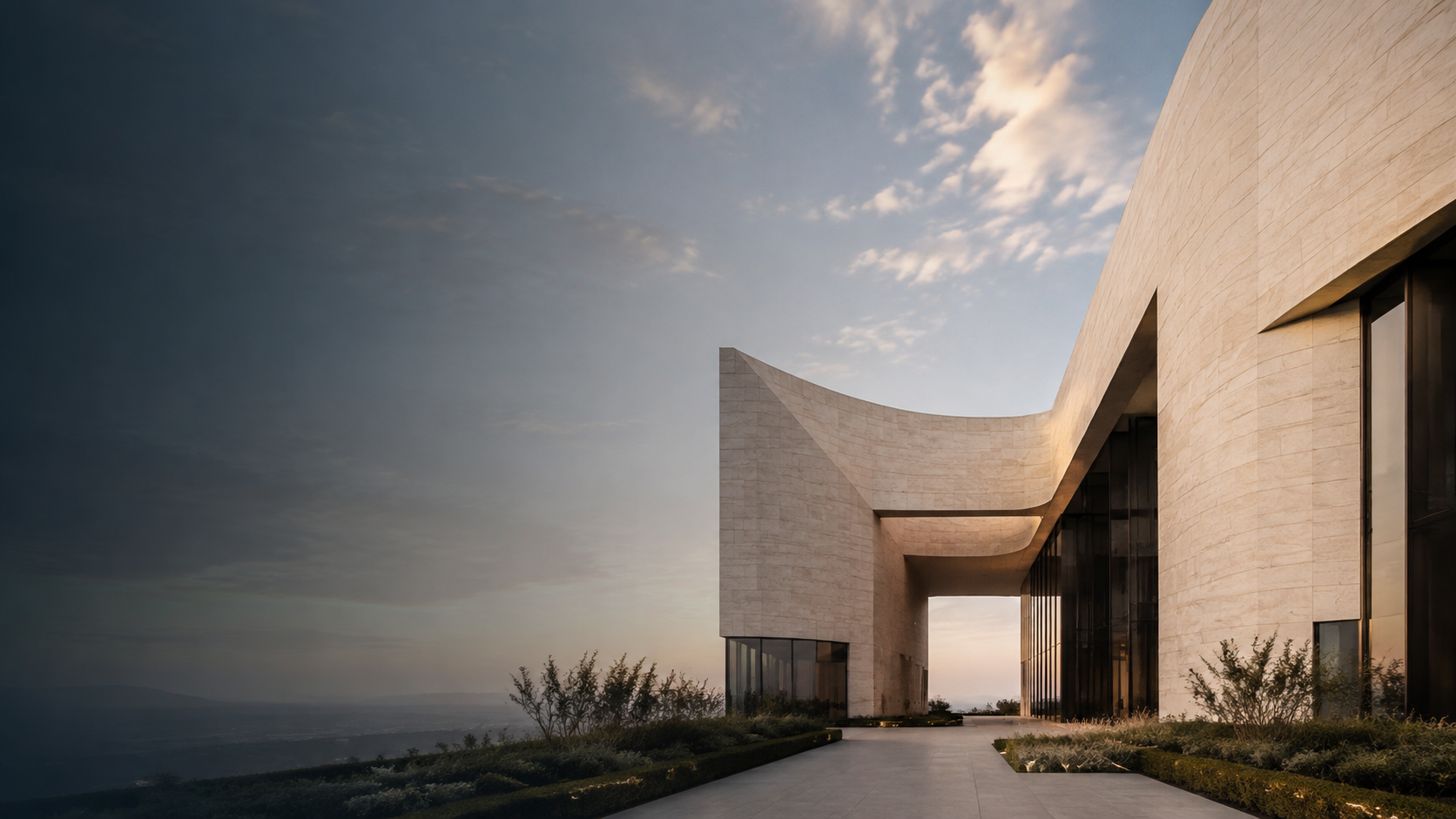 Architectural concept with pale stone and glass opening towards the sky